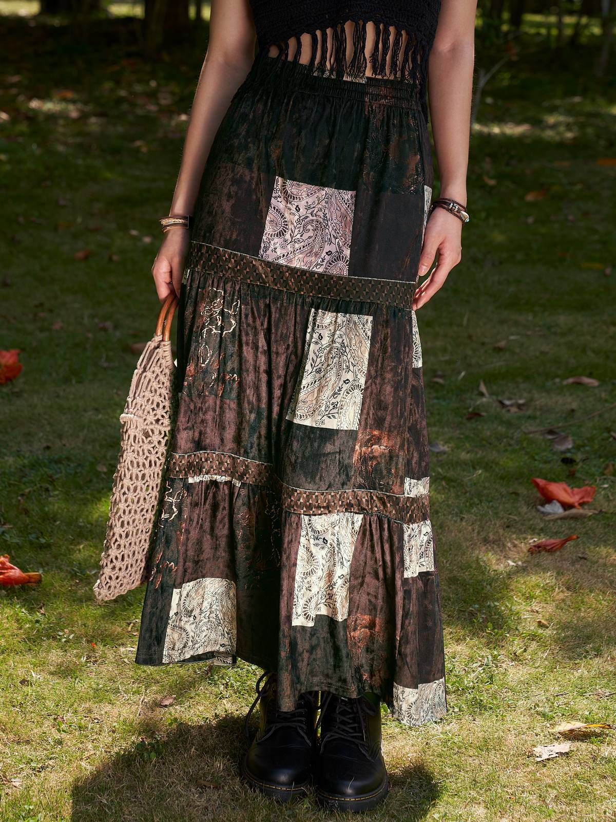 Patchwork Velvet Printed Maxi Skirt