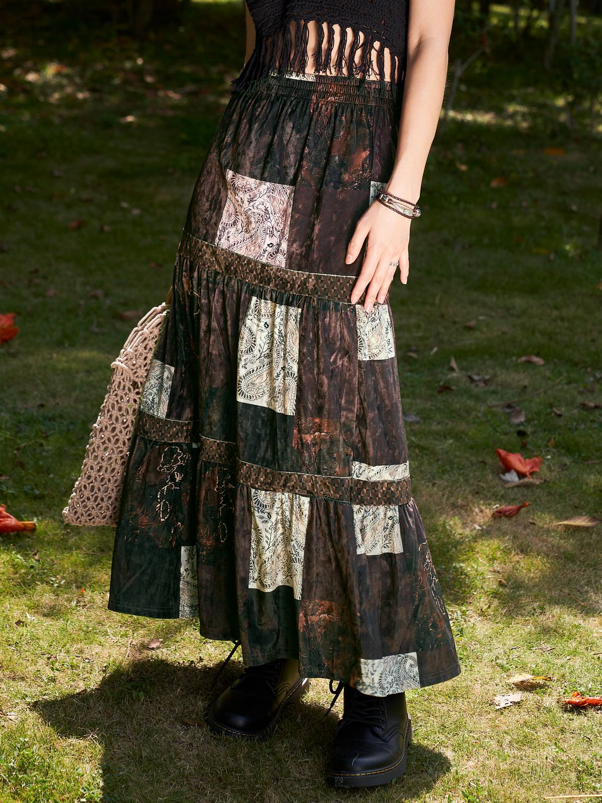 Patchwork Velvet Printed Maxi Skirt