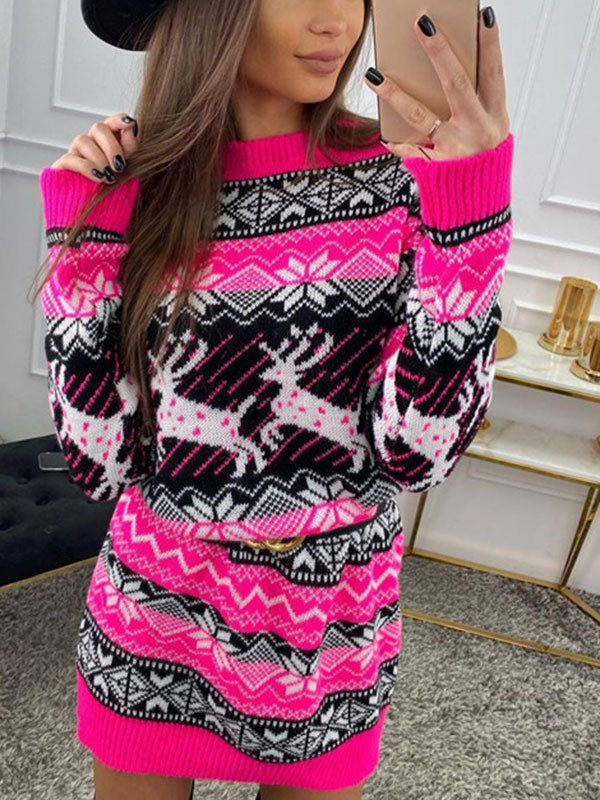 Christmas Elk Long Sleeve Sweater Dress