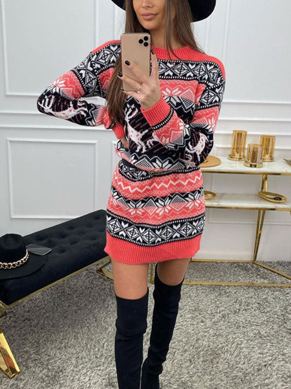 Christmas Elk Long Sleeve Sweater Dress