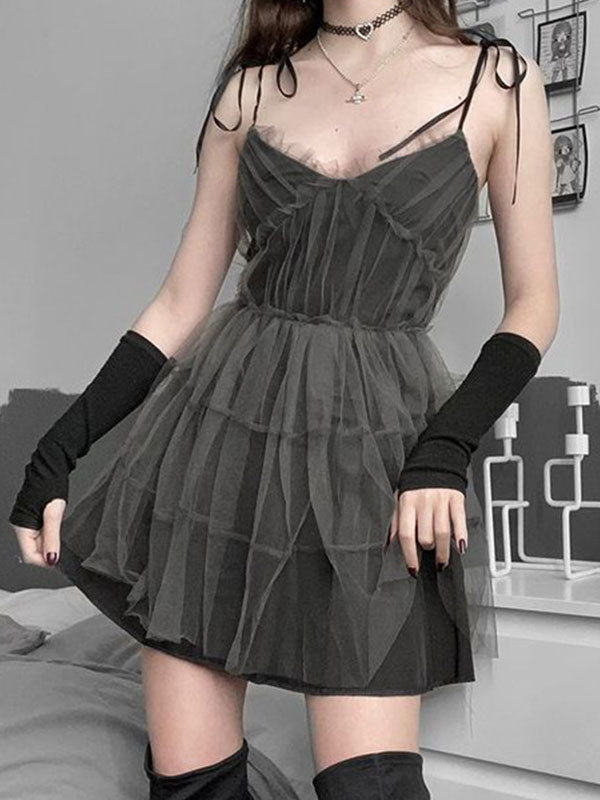 Y2K Gothic Patchwork Mesh Minikleid mit Bindebändern