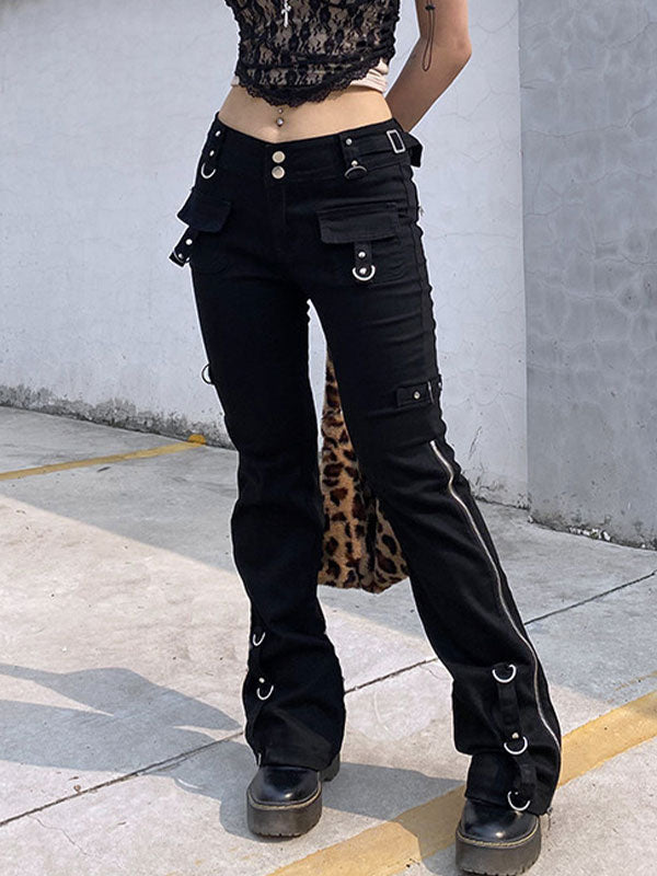 Zipper Design Low Waist Flare Cargo Jeans