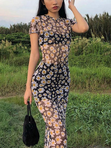 Maxikleid aus Netzstoff mit Gänseblümchen-Print