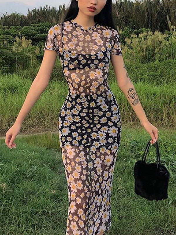 Maxikleid aus Netzstoff mit Gänseblümchen-Print