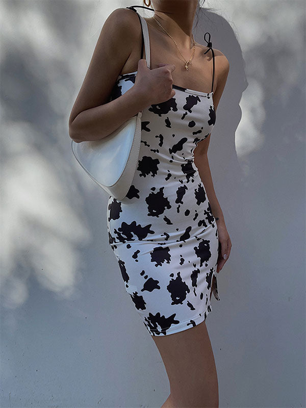 Cow Print Tie Strap Mini Dress