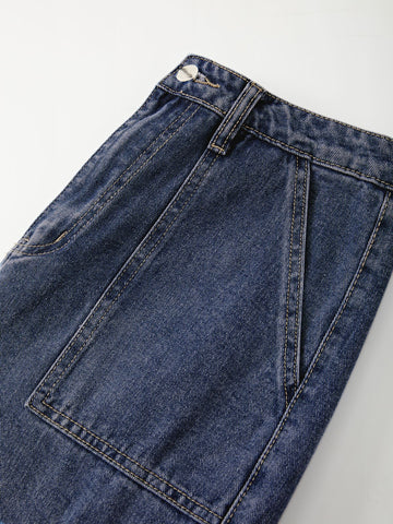 Washed Mid Waist Pocket Cargo Jeans