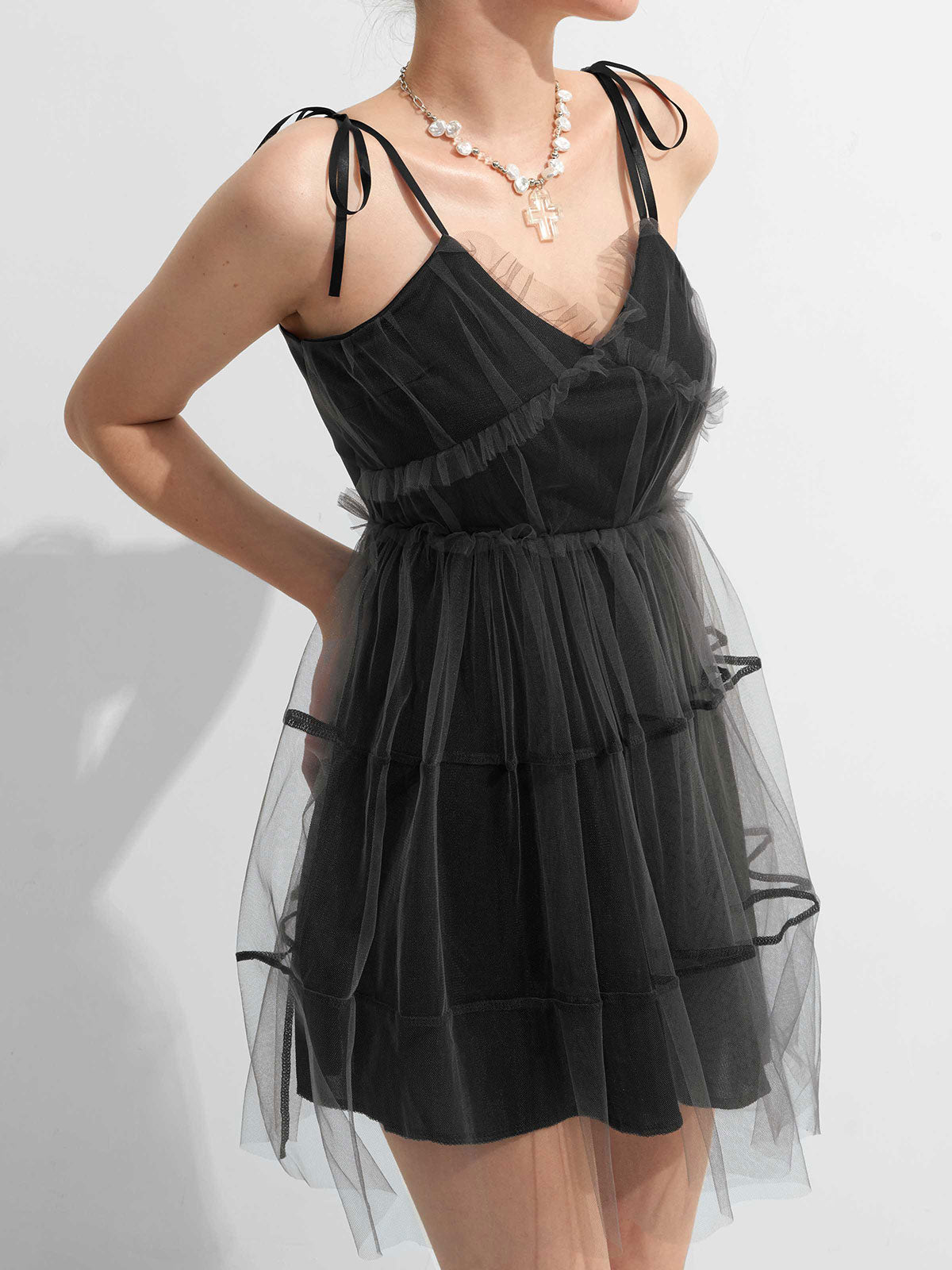 Y2K Gothic Patchwork Mesh Tie Strap Mini Dress