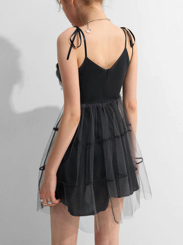 Y2K Gothic Patchwork Mesh Tie Strap Mini Dress