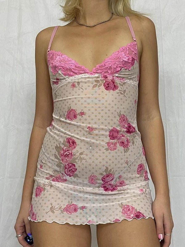 Minivestido de malla con estampado de rosas y paneles de encaje