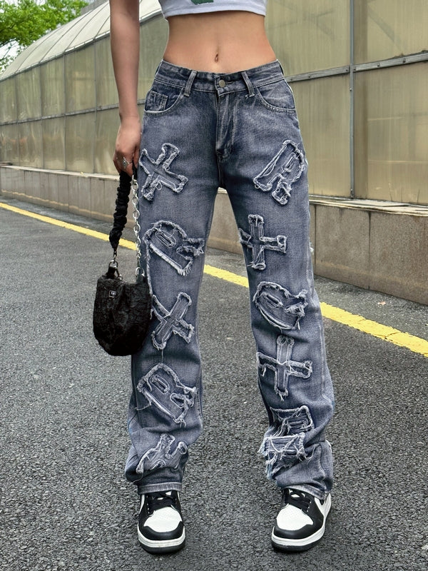 Letter Patch Faded Boyfriend Jeans