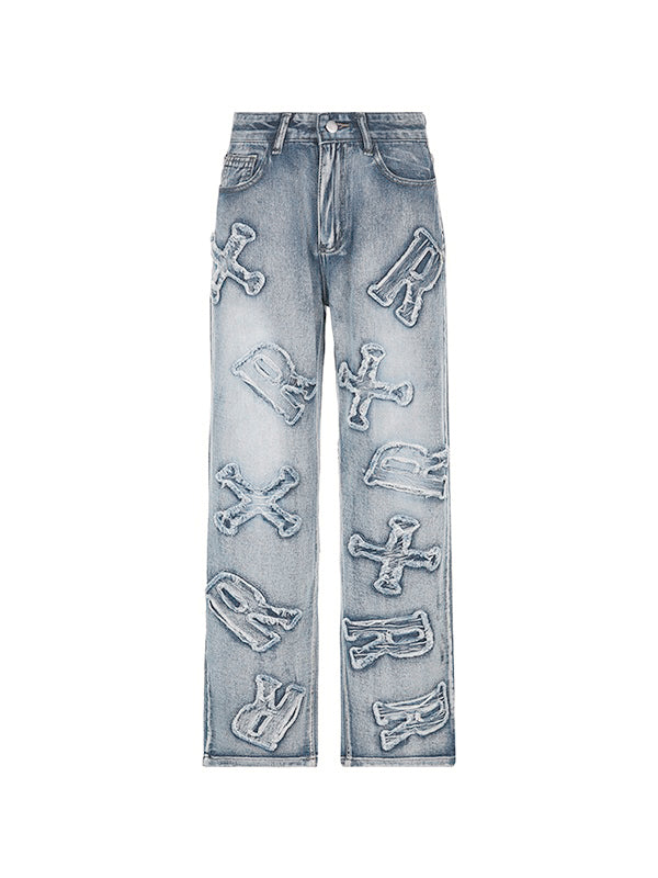 Letter Patch Faded Boyfriend Jeans