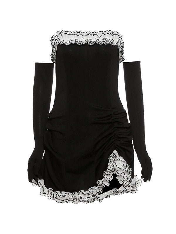 Vestido mini negro sin tirantes con detalle de guantes