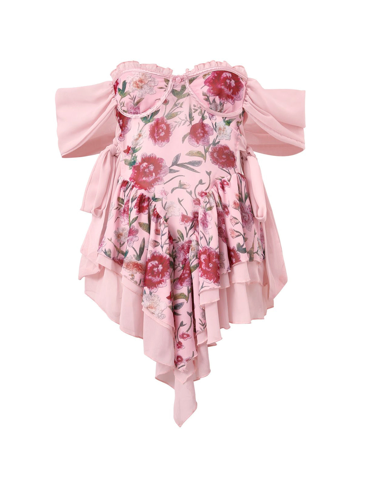 Patchwork Ruffle Bardot Floral Mini Dress