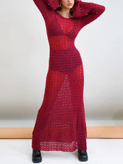 Crochet Hollow Backless Long Sleeve Cover Up Maxi Dress