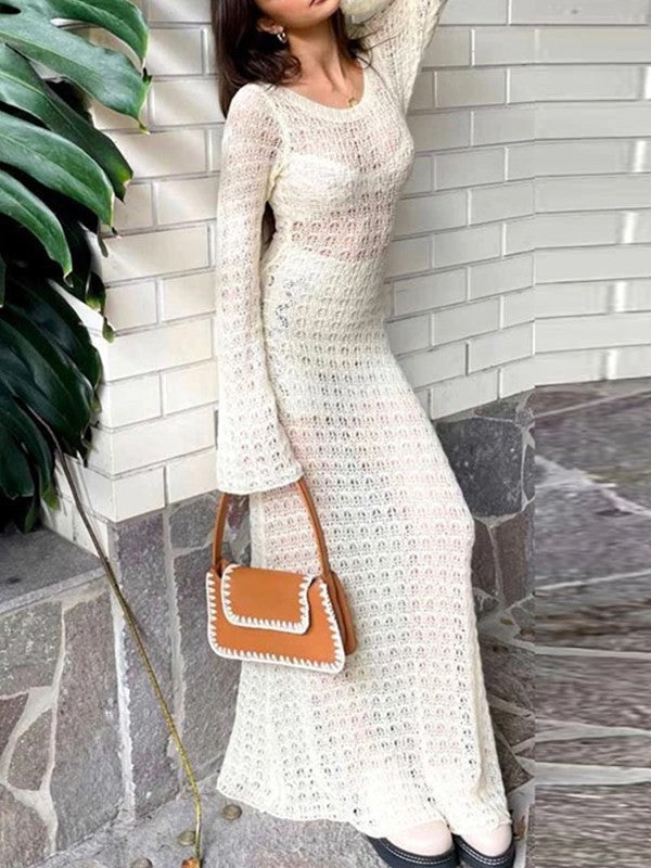 Crochet Hollow Backless Long Sleeve Cover Up Maxi Dress