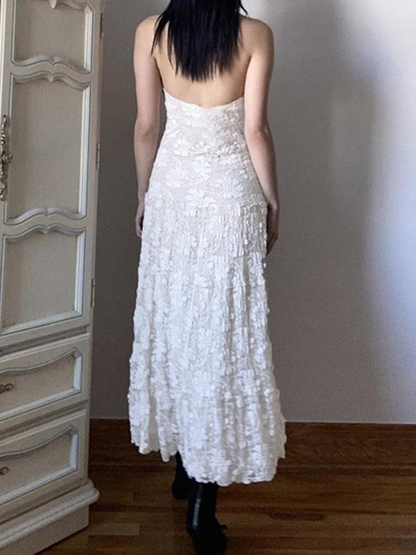 White Floral Lace Halter Maxi Dress