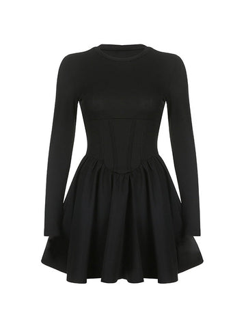 Corset Detail Black Long Sleeve Mini Dress