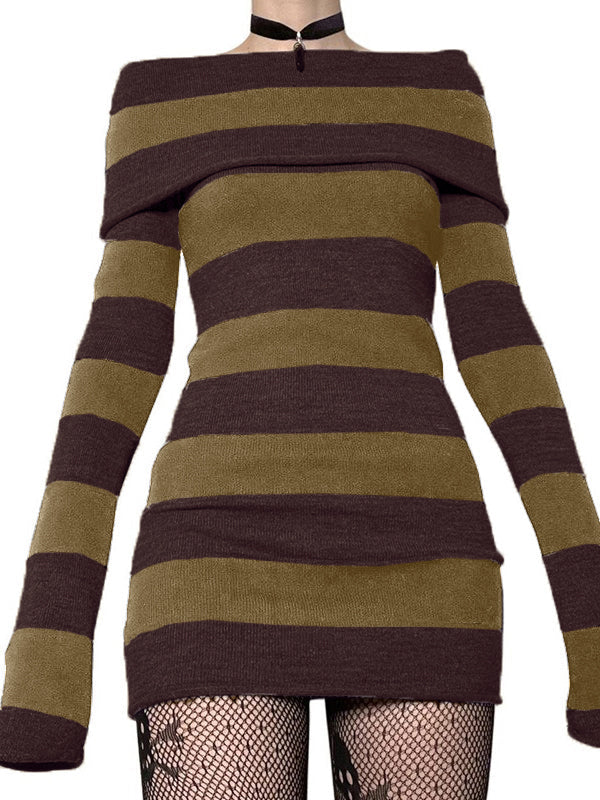 Off Shoulder Long Sleeve Striped Knit Mini Dress