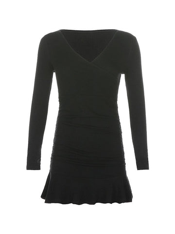 Black Ruffle Ribbed Long Sleeve Wrap Mini Dress