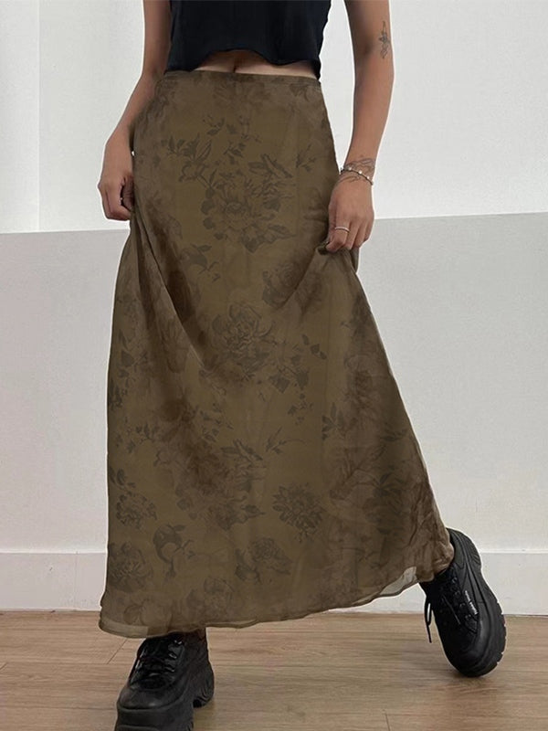 Vintage Mesh Floral Brown Maxi Skirt