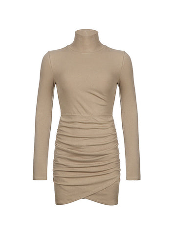 Ruched Mock Neck Long Sleeve Knitted Mini Dress