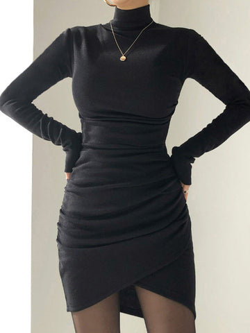 Ruched Mock Neck Long Sleeve Knitted Mini Dress