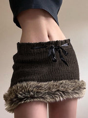 Faux Fur Trim Knitted Mini Skirt