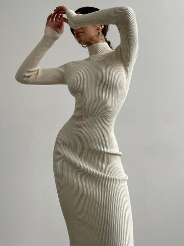 High Neck Ribbed Knit Long Sleeve Maxi Dress