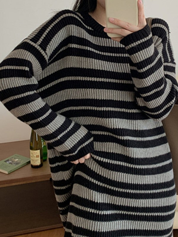 Knitted Stripe Long Sleeve Maxi Dress