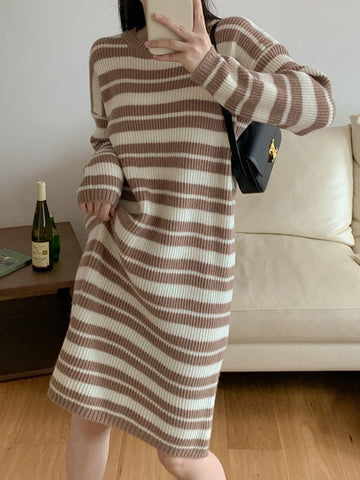 Knitted Stripe Long Sleeve Maxi Dress