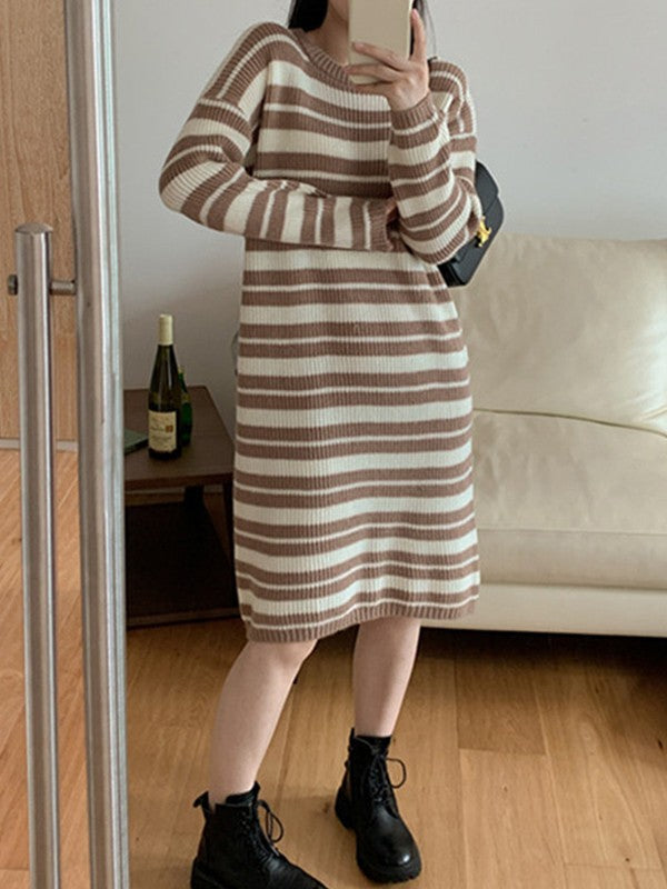 Knitted Stripe Long Sleeve Maxi Dress