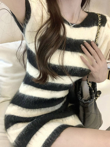 Arm Warmer Striped Fuzzy Knit Mini Dress