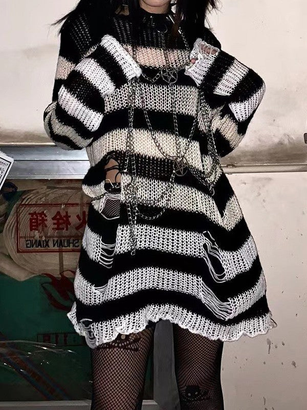 Vestido mini de manga larga con rayas degradadas y desgastado