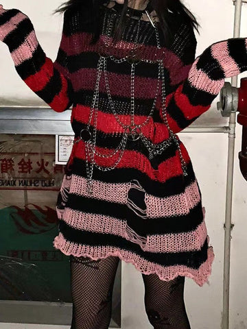 Gradient Striped Distressed Long Sleeve Mini Dress