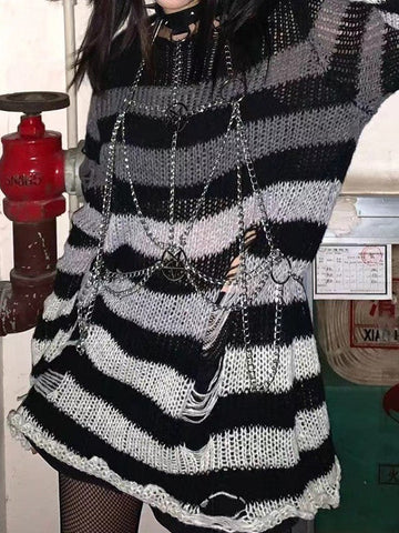 Vestido mini de manga larga con rayas degradadas y desgastado