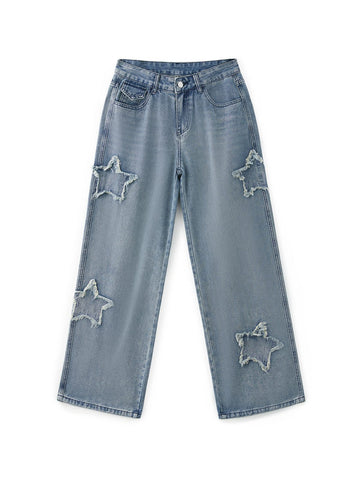 Vintage Wash Distressed Star Patch Boyfriend Jeans