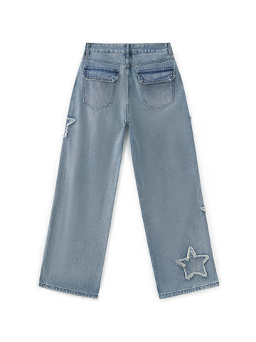 Vintage Wash Distressed Star Patch Boyfriend Jeans