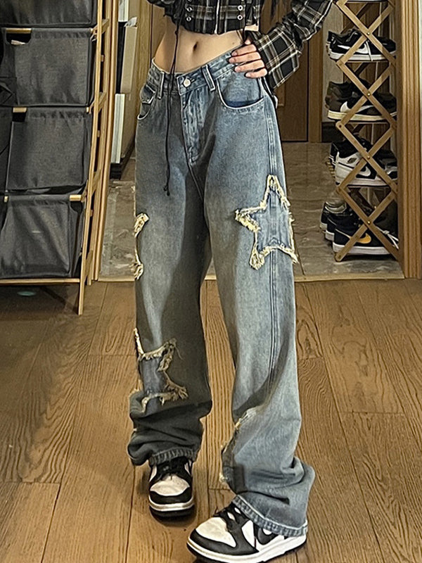 Vintage Wash Distressed Star Patch Boyfriend Jeans