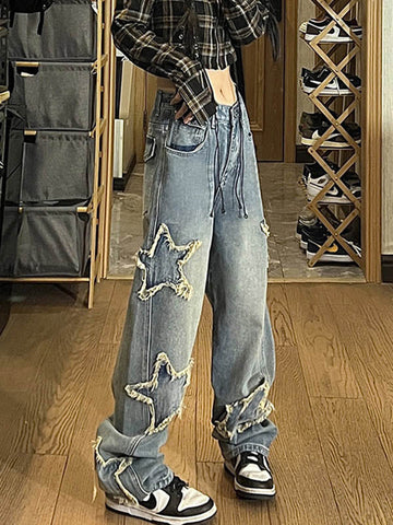 Vintage Wash Distressed Star Patch Boyfriend Jeans