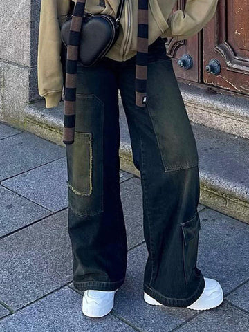 Patchwork Vintage Straight Cargo Jeans