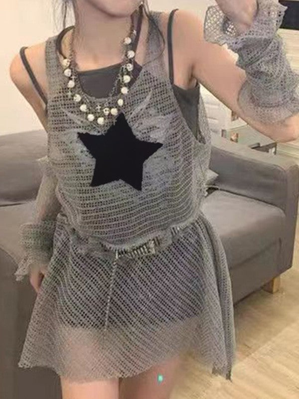 Vestido mini de punto de crochet con estrellas huecas y guantes de brazo