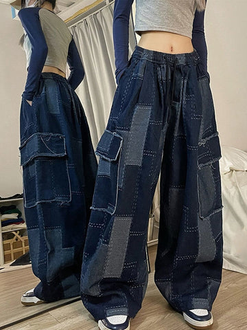 Vintage Blau karierte Baggy Cargo Jeans