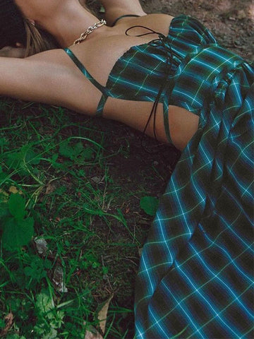 Backless Green Checkered Maxi Dress