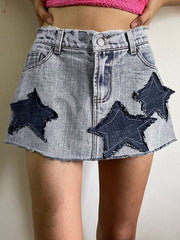 Star Patch Distressed Denim Mini Skirt