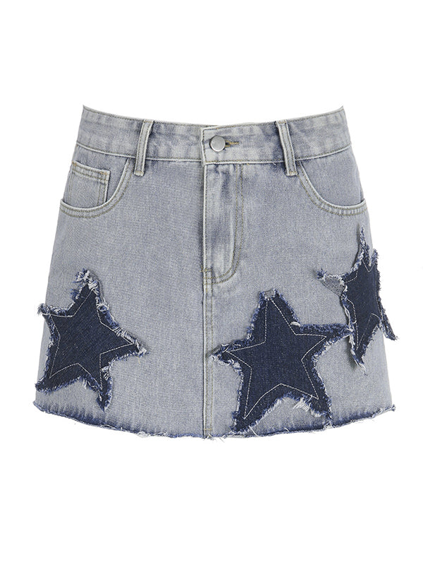 Star Patch Distressed Denim Mini Skirt