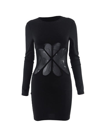 Mesh Paneled Black Long Sleeve Mini Dress