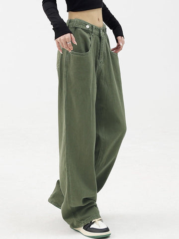 Buttoned Green Baggy Boyfriend Jeans