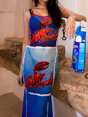 Lobster Printed Mesh Bodycon Maxi Dress