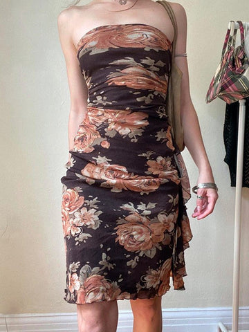 Bandeau-Minikleid aus Netzstoff mit Blumenmuster