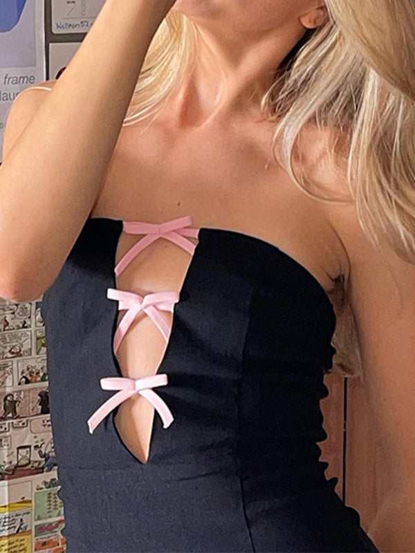 Bow Embellish Cutout Black Mini Dress